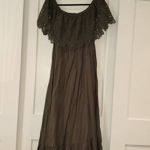 Dress, olive green, off shoulder, boho